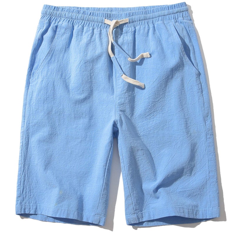 SIR7 Men's Linen Casual Classic Fit 11 Inch Inseam Elastic Waist Shorts with Drawstring Blue Large - Image 1